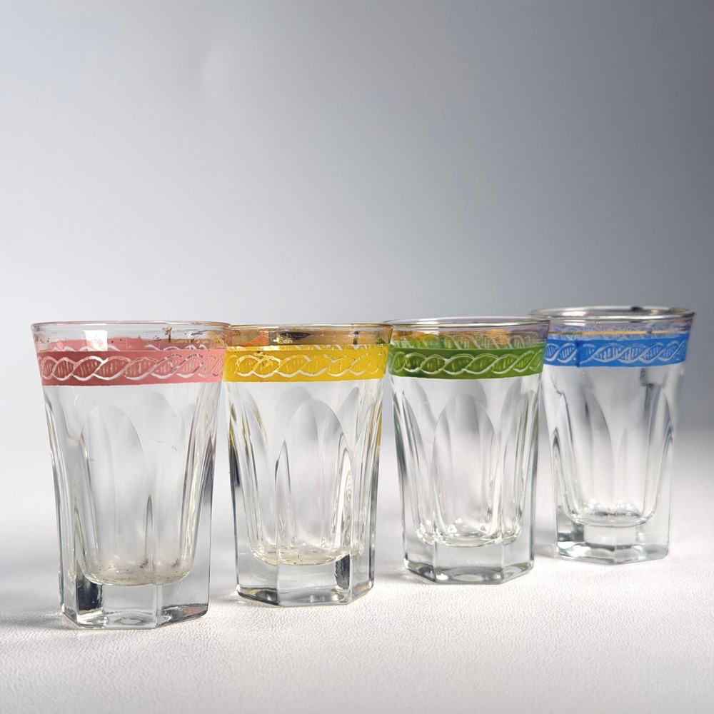 Vintage Shot Glass Set 4 Multicolor Mid-Century Gold Rim Astra Gold Bareware